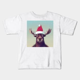 Cute moose - Christmas Moose in the snow with a santa hat Kids T-Shirt